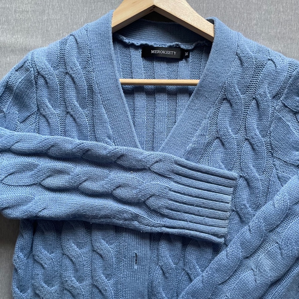 Womens Cable Knit Cardigan M Blue Button Front Pocket Longline Merokeety Preppy